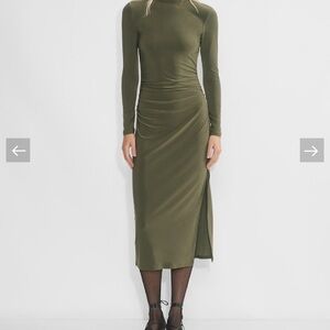 Wilfred Olive Green Long-Sleeve Ruched Midi Dress